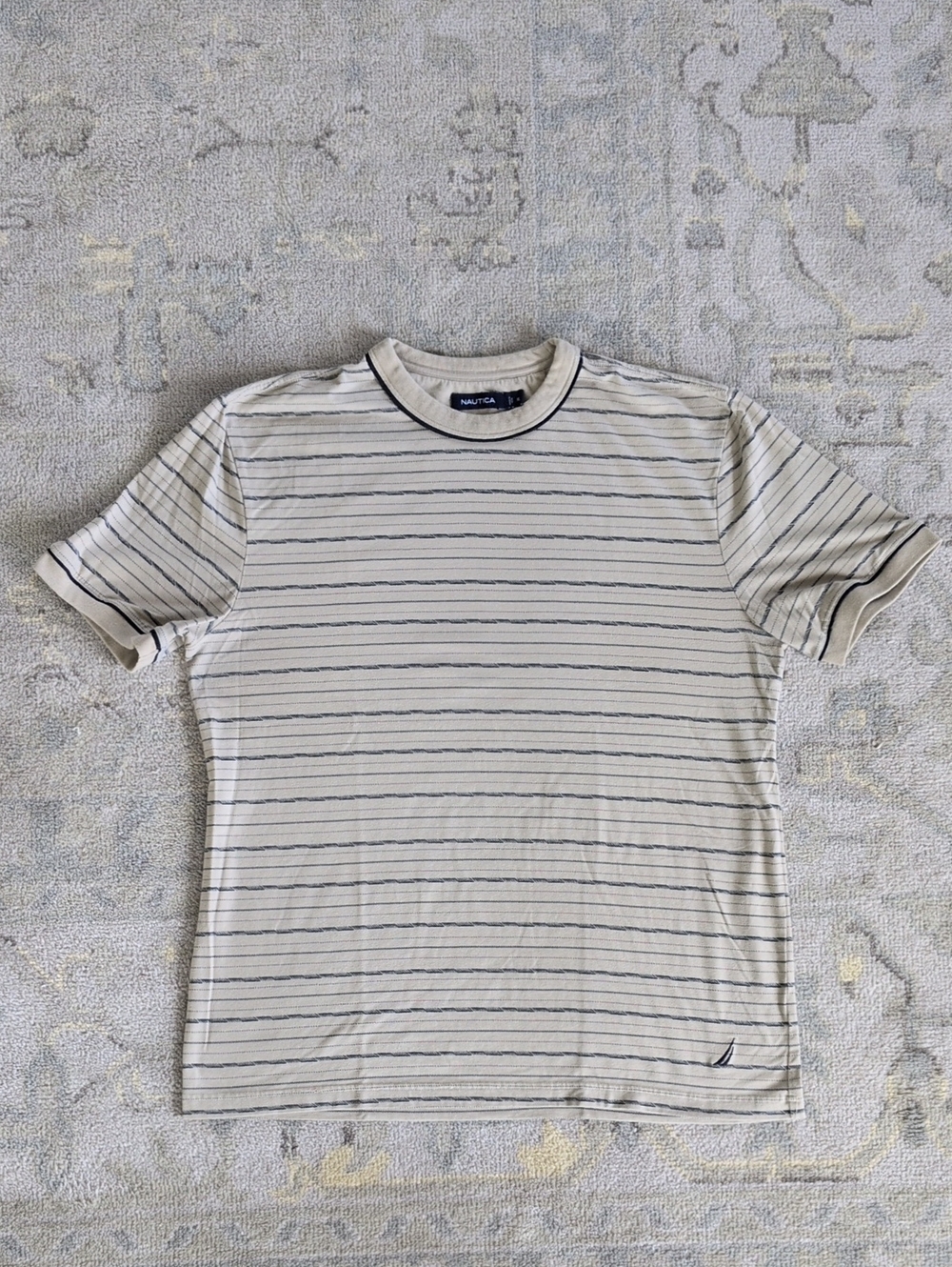Nautica Beige and Navy Striped Ringer Tee